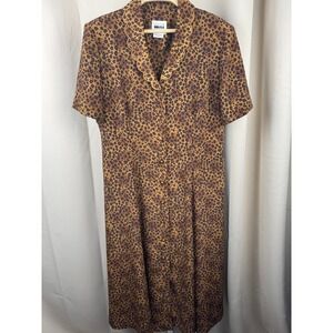 Vintage Leslie Fay Leopard Print Midi Dress 8P Scalloped Collar Button Front